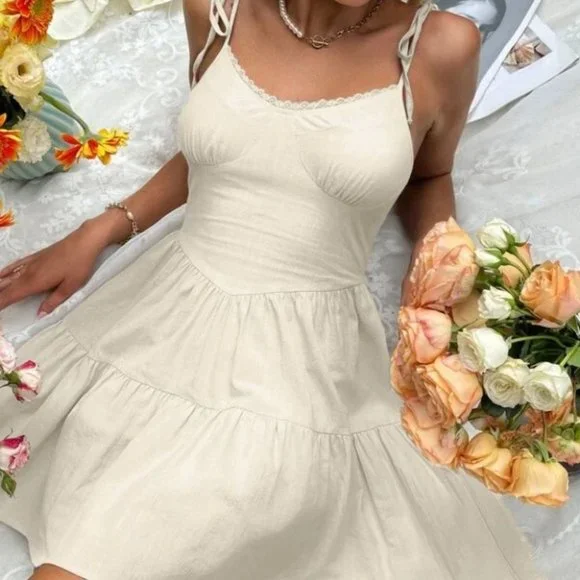 beige Ruffle Hem Lace Trim Cami Dress - Picture 4 of 5